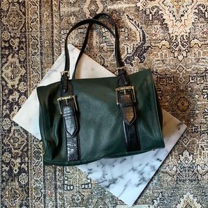 Isaac Mizrahi dark green black pebbled leather bag